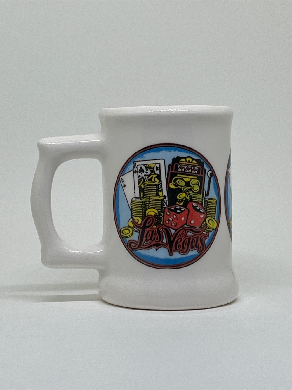 White Las Vegas Ceramic Vintage Mug (Shot Glass) with Colorful Casino Graphic - Picture 3 of 3
